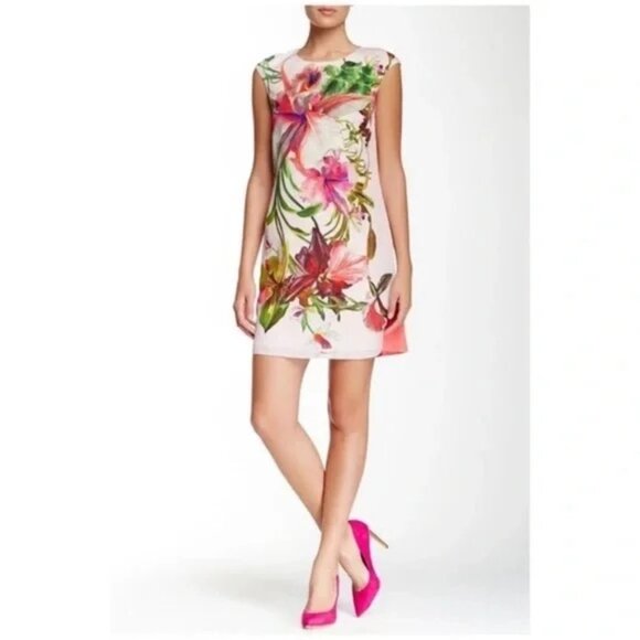 Ted Baker Ramonda Symmetrical Orchid Print Floral Leaves Tunic Dress Barbie Pink - Picture 2 of 15